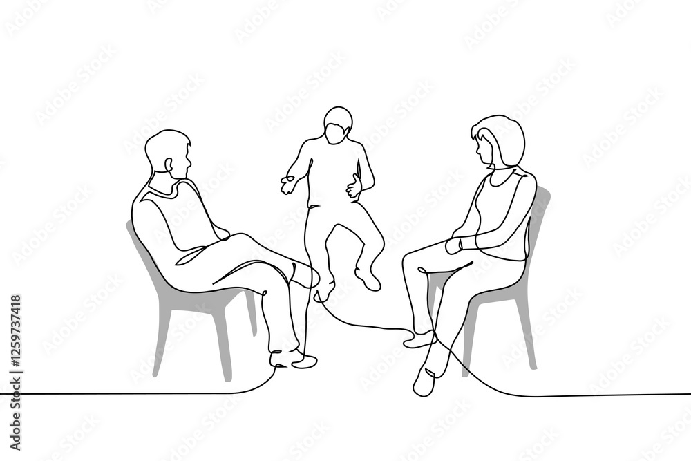 men and woman sitting on chairs opposite each other, conversation - one line art vector men and woman sitting on chairs opposite each other, conversation - one line art vector