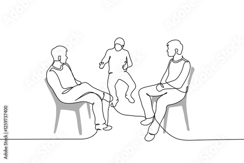 men sitting on chairs opposite each other, a third man talking next to them - one line art vector. concept of wedging into someone else's conversation, conversation photo