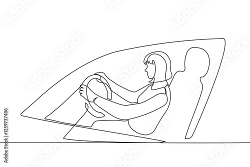 woman sitting holding steering wheel of car, view from outside car through window - one line art vector