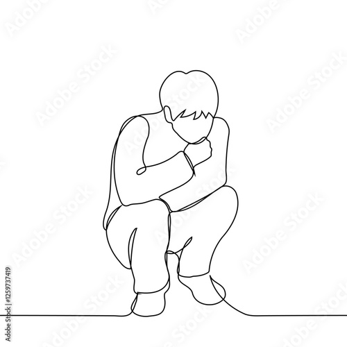 man squatting and thinking with his chin in his hand - one line art vector