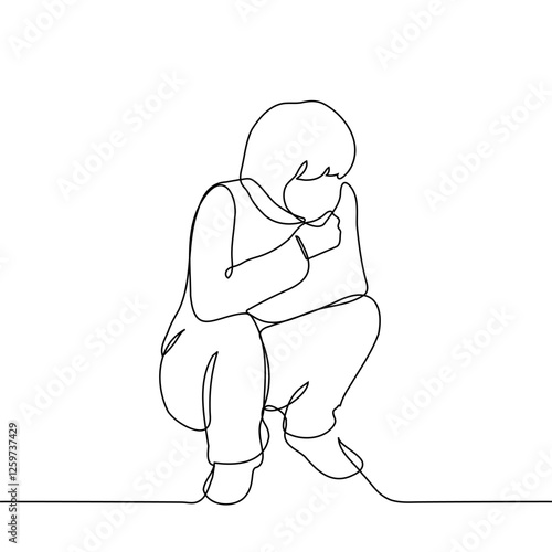 woman squatting thoughtfully resting her chin on her hand - one line art vector