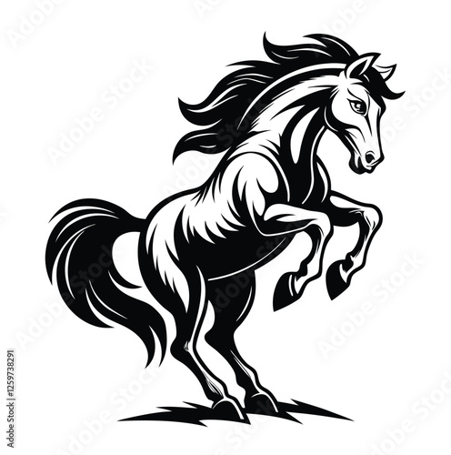 Majestic horse leaps forward in striking black and white vector design, full of power and grace.