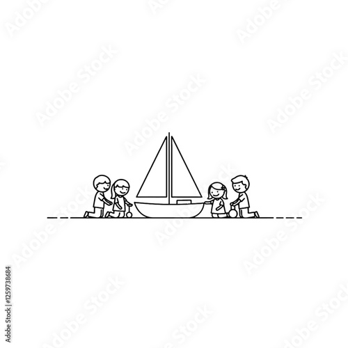 Stick Figure Children Collaborating on Assembling a Boat Together Outdoors