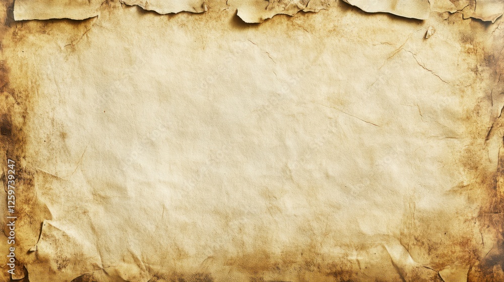 Fototapeta premium Distressed Parchment with Weathered Appearance and Clean Center Space: Ideal for Creative Endeavors with High-Quality Detail and Bird's Eye View