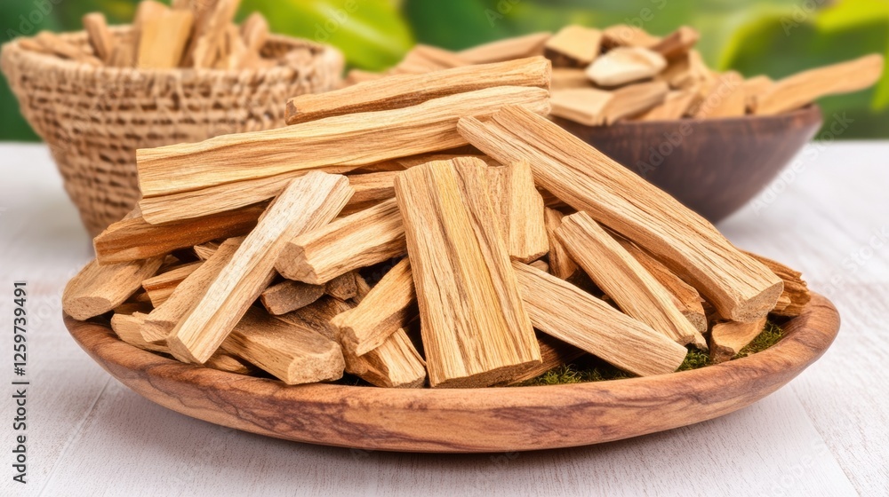 Assorted Natural Wooden Sticks Displayed in Bowls on White Table with Green Background Assorted Natural Wooden Sticks Displayed in Bowls on White Table with Green Background