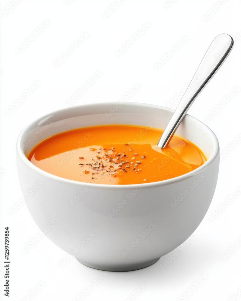Warm orange soup in white bowl with spoon, garnished with spices Warm orange soup in white bowl with spoon, garnished with spices
