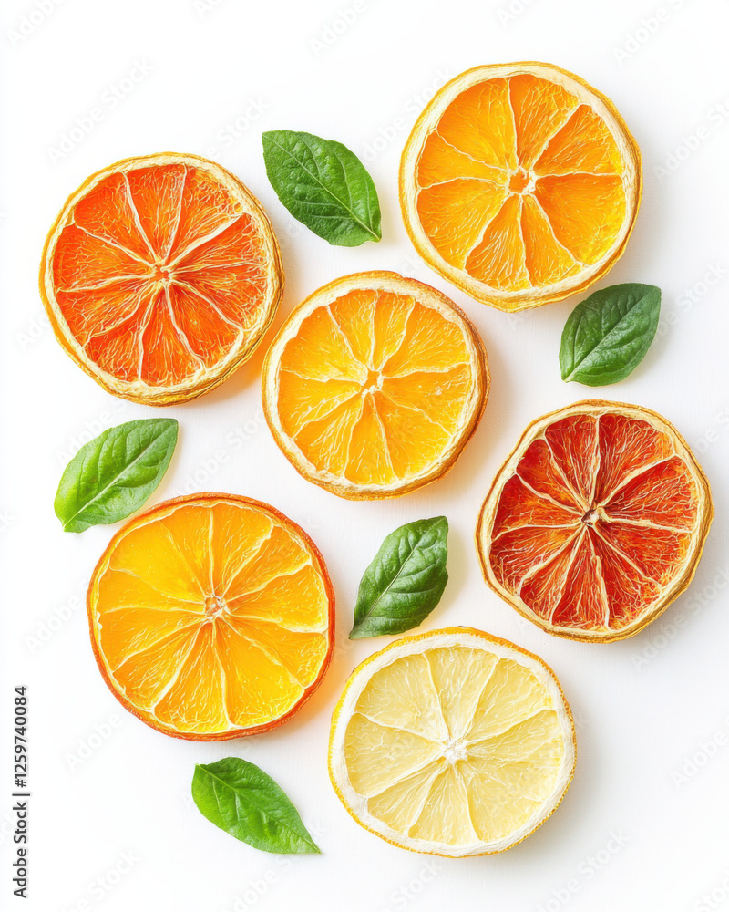 Dried citrus slices with green leaves create vibrant, colorful display Dried citrus slices with green leaves create vibrant, colorful display
