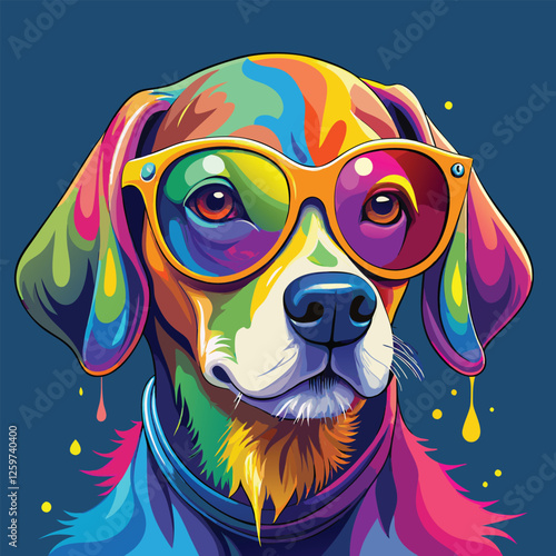 A colorful dog with orange glasses stares forward in this vibrant and playful art piece.