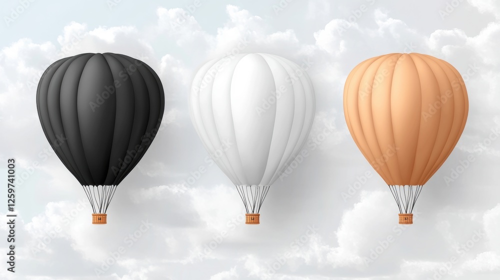 Naklejka premium Three Distinct Hot Air Balloons Floating Above Soft White Clouds in a Clear Sky