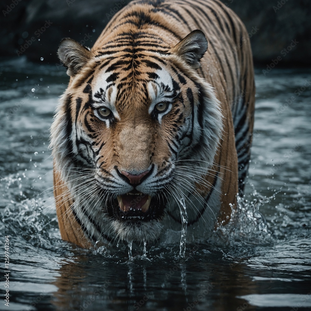 Ein dynamischer weißer Tiger, der neben leuchtendem Gletscherwasser rennt, mit einem reinen weißen Hintergrund. Ein dynamischer weißer Tiger, der neben leuchtendem Gletscherwasser rennt, mit einem reinen weißen Hintergrund.