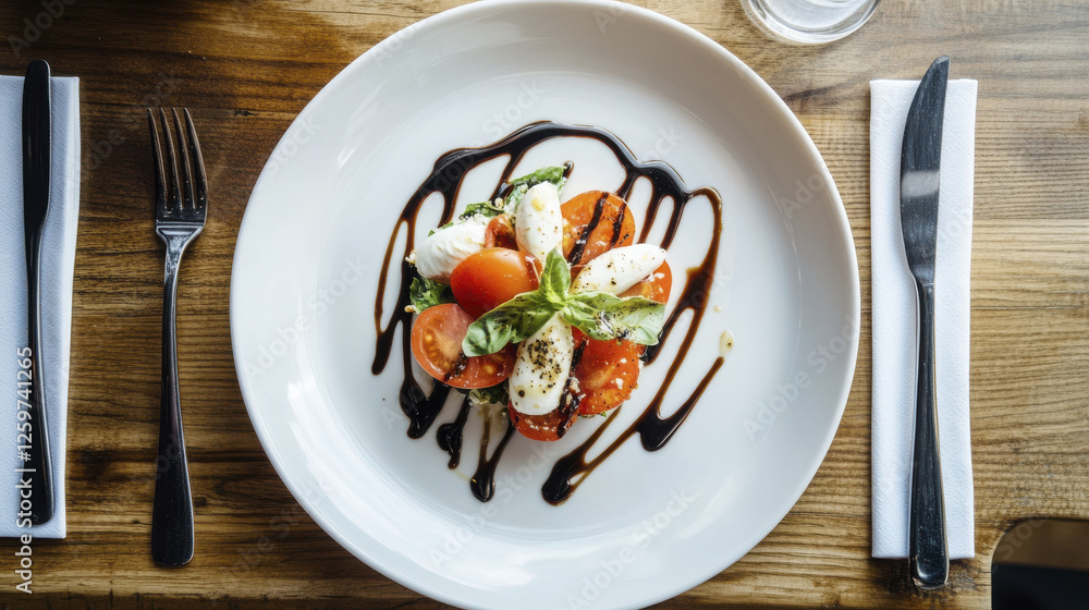 Fresh Caprese salad with ripe tomatoes, mozzarella, and basil drizzled with balsamic glaze, served on white plate. delightful and colorful dish perfect for any meal Fresh Caprese salad with ripe tomatoes, mozzarella, and basil drizzled with balsamic glaze, served on white plate. delightful and colorful dish perfect for any meal