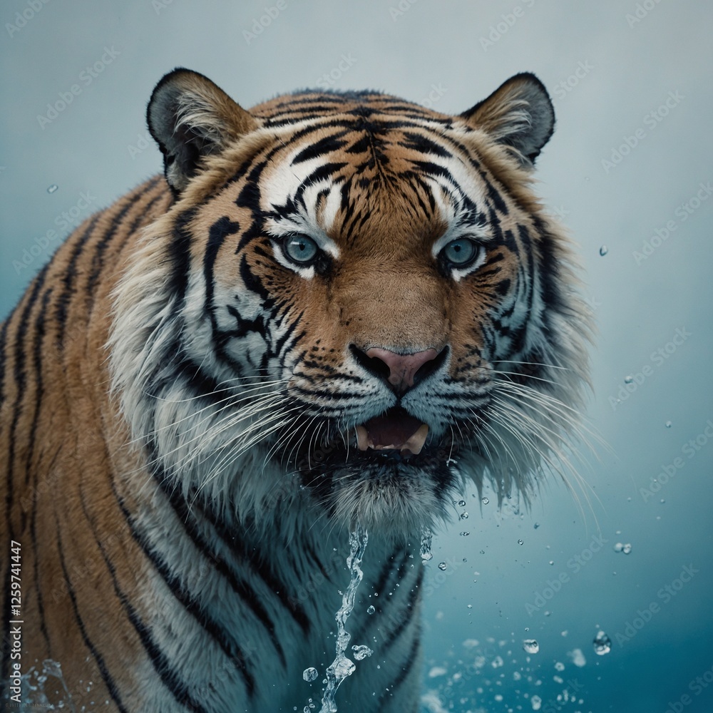 Ein hyperrealistisches Porträt eines weißen Tigers, der kraftvoll neben strahlend blauem Gletscherwasser läuft, vor einem klaren weißen Hintergrund. Ein hyperrealistisches Porträt eines weißen Tigers, der kraftvoll neben strahlend blauem Gletscherwasser läuft, vor einem klaren weißen Hintergrund.