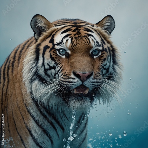 Ein hyperrealistisches Porträt eines weißen Tigers, der kraftvoll neben strahlend blauem Gletscherwasser läuft, vor einem klaren weißen Hintergrund.
