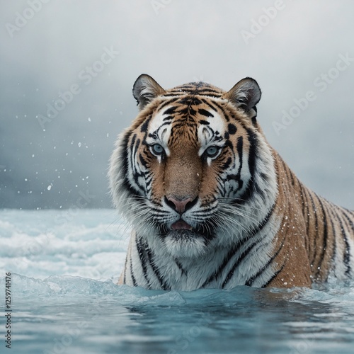Ein hyperrealistisches Bild eines weißen Tigers, der kraftvoll neben eisblauem Gletscherwasser sprintet, vor einem minimalistischen weißen Hintergrund.