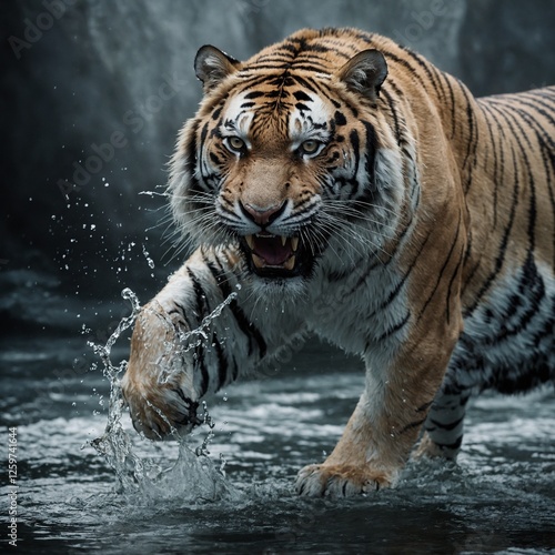 Ein majestätischer weißer Tiger, der dynamisch neben leuchtendem Gletscherwasser rennt, dargestellt in hyperrealistischem Stil vor einem weißen Hintergrund.
