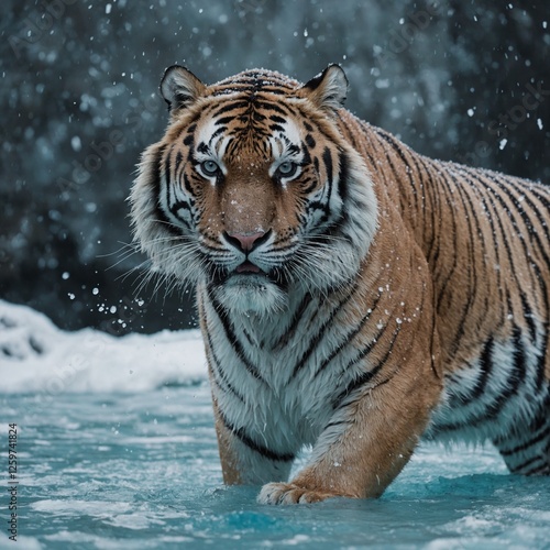 Ein weißer Tiger in voller Geschwindigkeit, der neben eisblauem Gletscherwasser sprintet, mit einem sauberen weißen Hintergrund.