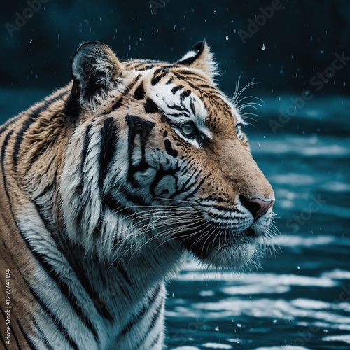 Ein weißer Tiger in Bewegung, der neben strahlend blauem Gletscherwasser läuft, mit einem klaren weißen Hintergrund.