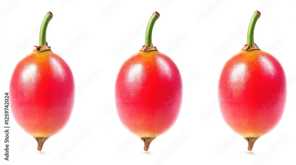 Three Glossy Red Fruits with Green Stems Isolated on White Background Three Glossy Red Fruits with Green Stems Isolated on White Background