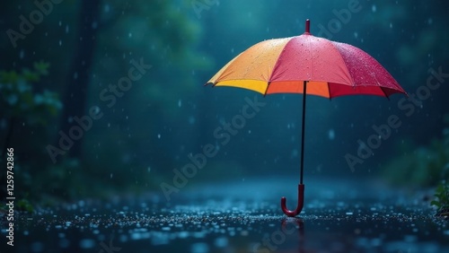 Wallpaper Mural A solitary colorful umbrella stands on a rain-soaked path, amidst a softly falling rain in a tranquil forest setting at dusk. Torontodigital.ca