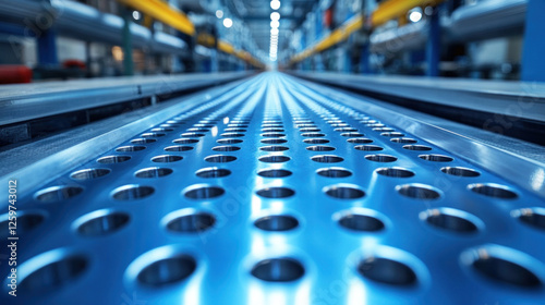 Industrial background of shiny, polished metal beams and rivets in a modern factory photo