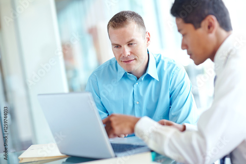 Men, laptop and meeting for human resources review in office, monitor applications and resume. Online, discussion and collaboration with onboarding recruitment process, support and hiring candidates