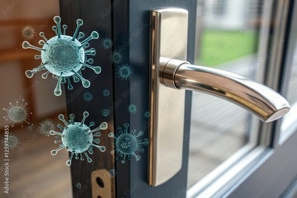 Naklejka premium bacteria float around door handle representing hygiene and infection risk