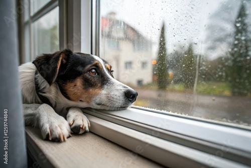 dog lie sadly near window sill in rainy day