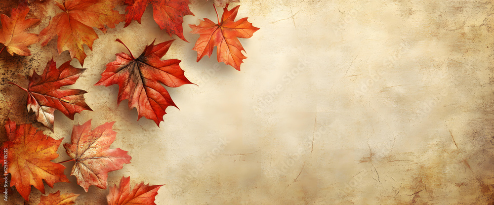 Autumn Background with Vibrant Red and Orange Maple Leaves on Grunge Texture