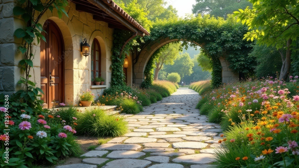 Fototapeta premium Serene Stone Path Archway Leading to a Charming Stone House with Vibrant Flower Gardens