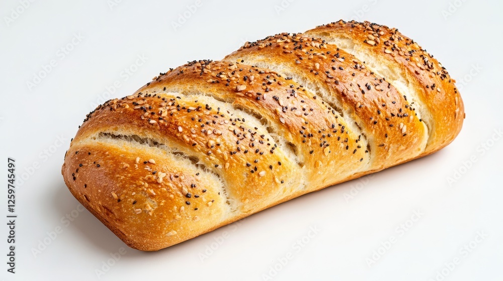 Freshly baked multigrain loaf with sesame and poppy seeds on white background Freshly baked multigrain loaf with sesame and poppy seeds on white background