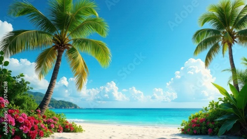 Idyllic Tropical Beach Scene Lush Palm Trees Frame a Pristine Shoreline with Vibrant Flowers