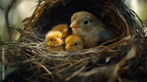 A close-up of a bird's nest with newly hatched chicks under the protective wings of their mother 