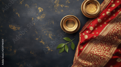 Traditional Indian saree with gold embroidery, bowls, and green leaves create rich cultural display. vibrant colors and textures evoke sense of celebration and heritage