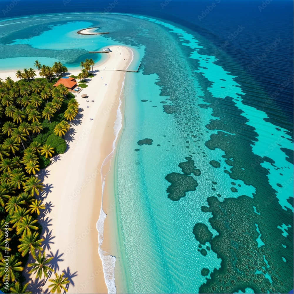 Fototapeta premium Aerial view of a tropical paradise featuring white sandy beaches, turquoise waters, and lush palm trees lining the coastline.