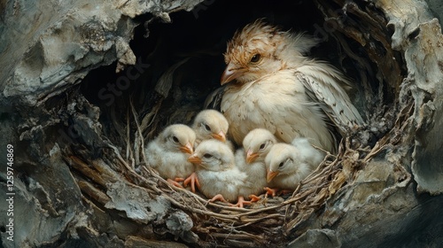 A close-up of a bird's nest with newly hatched chicks under the protective wings of their mother 
