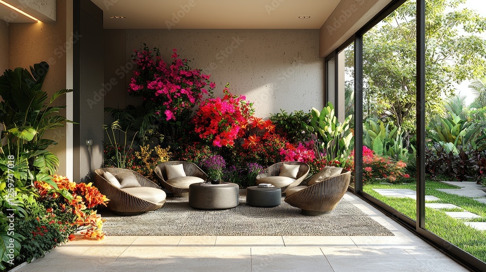 Cozy indoor lounge with modern seating surrounded by vibrant flowers and greenery outside Cozy indoor lounge with modern seating surrounded by vibrant flowers and greenery outside