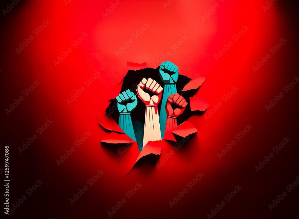 Fototapeta premium Five diverse fists punch through a torn red surface, reaching upwards. Symbolizing collective strength, unity, and empowerment against a vibrant backdrop.
