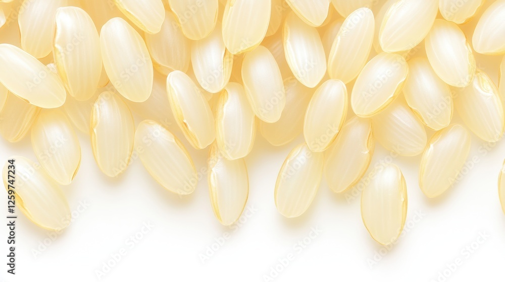 Closeup of Raw White Rice Grains on a White Background with Natural Texture and Detail Closeup of Raw White Rice Grains on a White Background with Natural Texture and Detail
