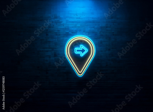 Glowing neon pin icon with right arrow centers against a dark blue wall. Symbolizing direction, location, and navigation in a modern style. photo