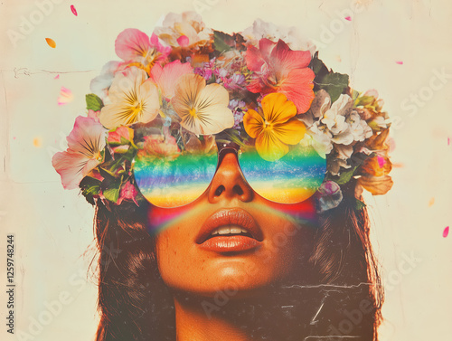 Beautiful Abstract vintage portrait of a woman wearing sunglasses with rainbow retro surreal flowers collage, concept nature background landscape