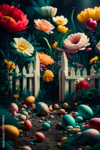 Spring grass and wooden fence with easter eggs and flowers on cloudy sky. Decorated easter eggs in the grass on blue sky background High quality photo