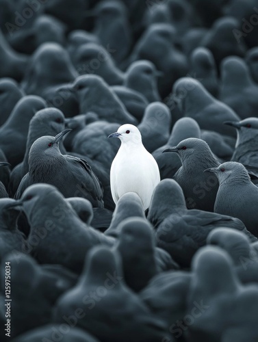 Standing out from the crowd , white bird standing between many gray birds - ai