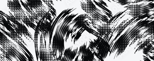 Glitch distorted brush stroke . Noise destroyed logo . Trendy defect error shapes . Glitched frame .Grunge textured . Distressed effect .Vector shapes with a halftone dots screen print texture.