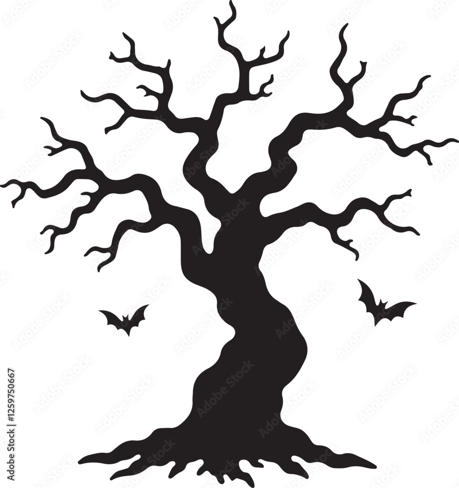 Silhouette of a Spooky Tree with Bats Flying in the Night Sky | Halloween Tree and Bat Silhouette Vector | Happy Halloween vector Black tree silhouette on white background Silhouette of a Spooky Tree with Bats Flying in the Night Sky | Halloween Tree and Bat Silhouette Vector | Happy Halloween vector Black tree silhouette on white background