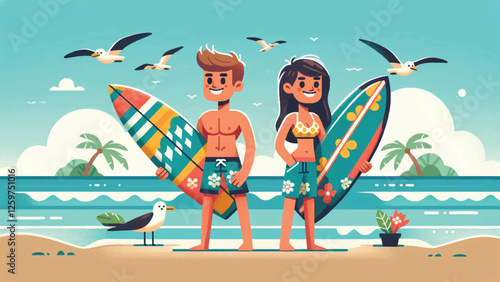  Surfer Dude and Dudette, two energetic characters, a guy and a girl, wearing colorful surf gear. They are carrying surfboards with tropical patterns, standing by the ocean waves