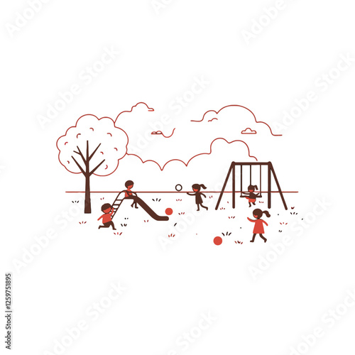 Children Playing in a Park Scene with Slides and Swings