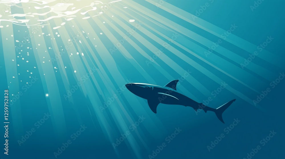 Obraz premium Vector illustration of a shark silhouette swimming in the deep blue ocean under sun rays