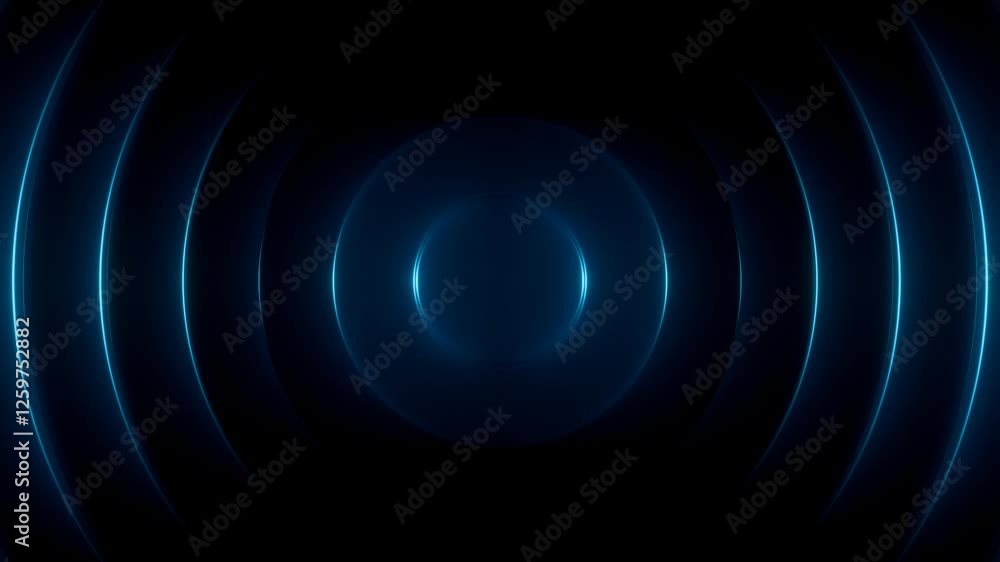 abstract futuristic background animation of dark 3d rings wave motion with glowing blue lights, 4k seamless corporate background loop 