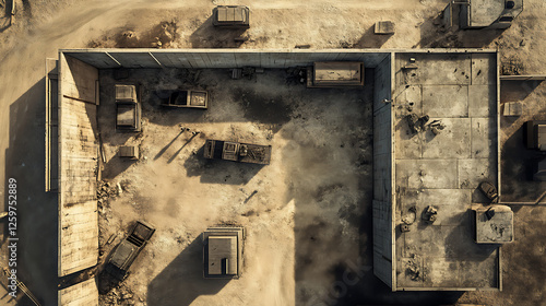 Aerial View of Destroyed Building in Desert