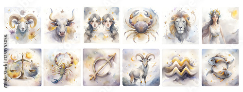 Watercolor zodiac signs set with mystical and celestial elements